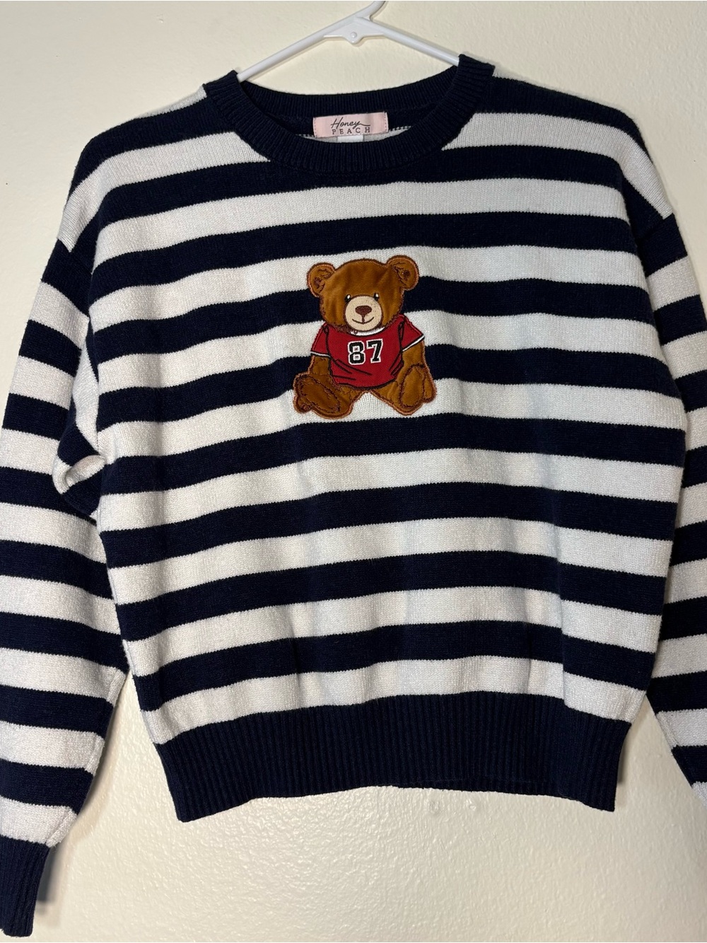 Honey Peach Striped Navy and White Sweater with Teddy Patch